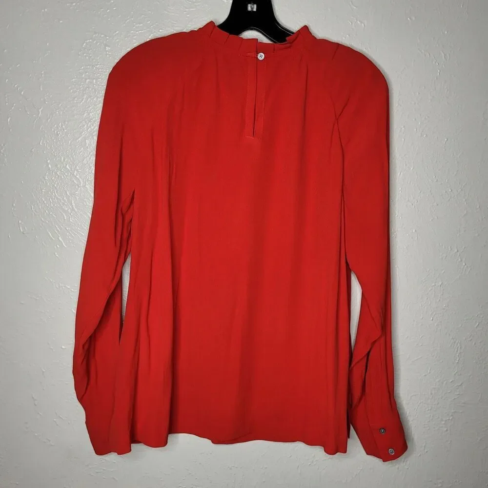 NWT Loft Womens Size Small Top Long Sleeve Ruffled Neck Button Loop Blouse Red - Picture 2 of 8